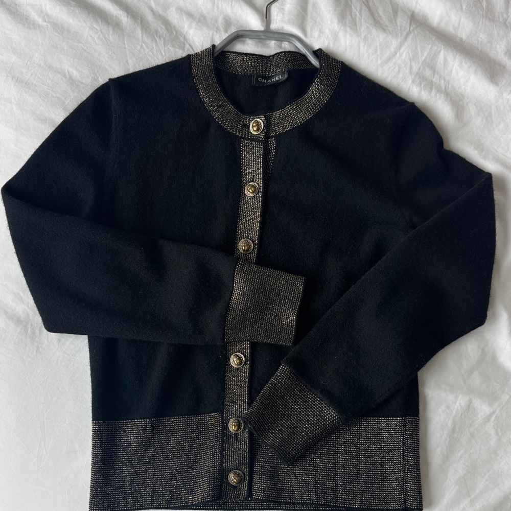 CHANEL Black Cardigan with Gold Trim